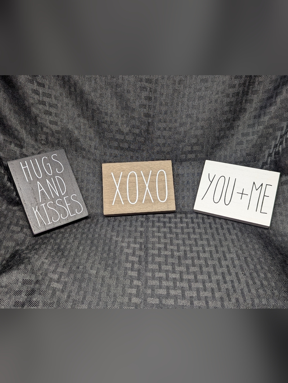 Set of 3 Rustic Wooden Signs - HUGS AND KISSES, XOXO, YOU + ME.
